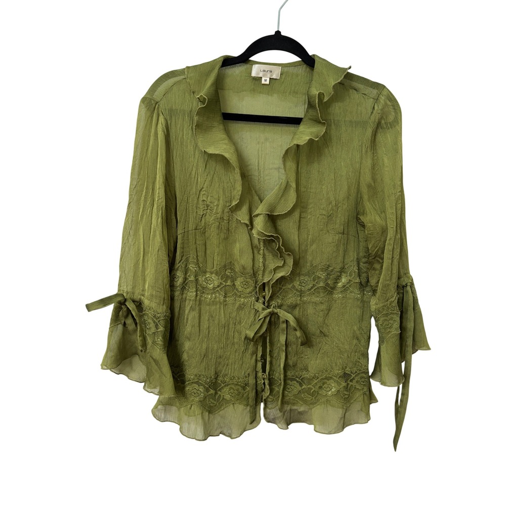 Laura Olive Green Sheer Crinkle Lace Ruffle Tie Front Blouse Womens Fairy Y2KM